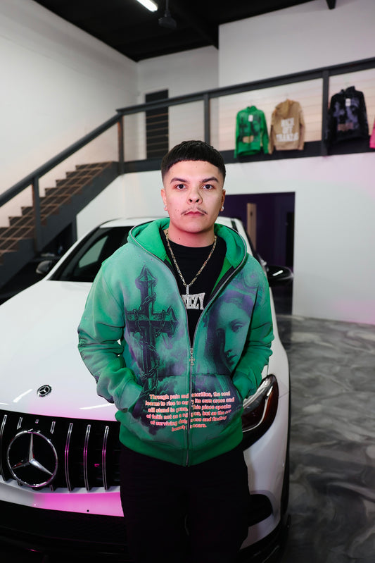 GREEN R.O.T ZIP UP HOODIE